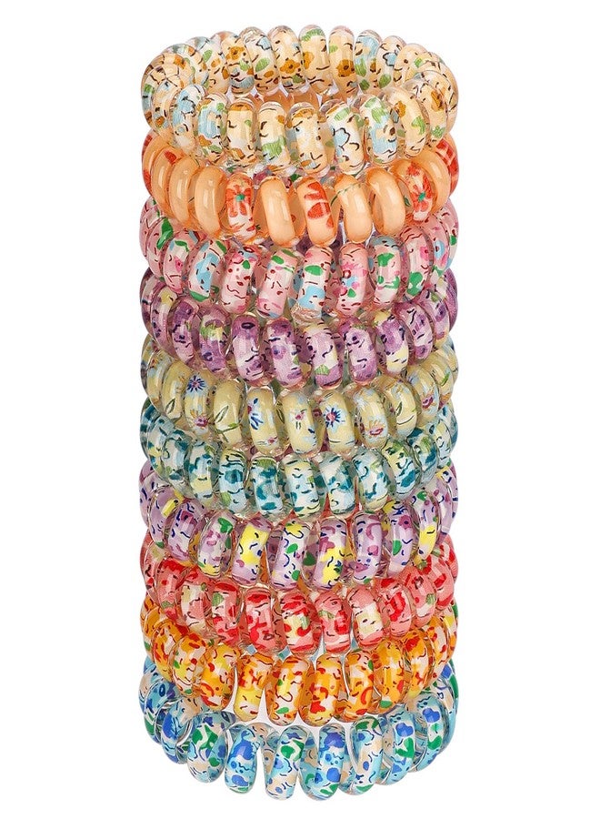 JessLab Spiral Hair Ties for Ladies, 10-Pack Elastic Cute Plastic Coil Bands, No-Damage Accessory for Women and Children with Thick or Thinning Hair, Silkscreen Floral Print - Image 1
